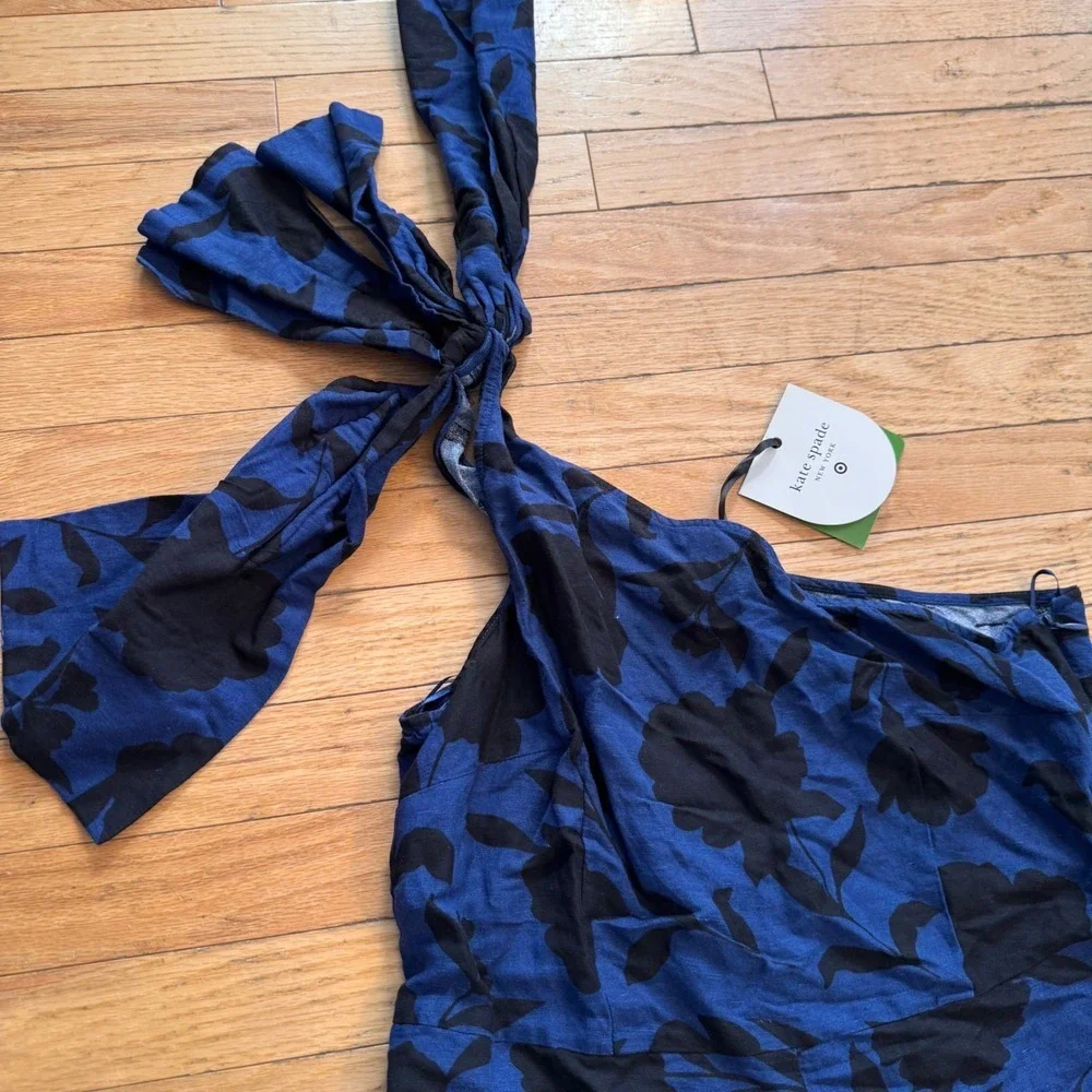 Kate Spade Target Blue Black Floral One Shoulder Bow Jumpsuit Size 14 NWT